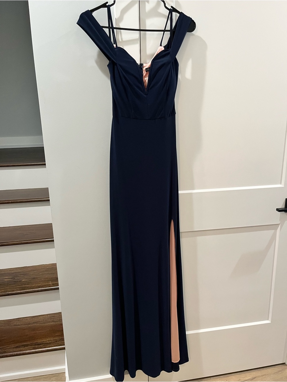 City Studio Navy Evening Gown with Pink Lining and Side Slit